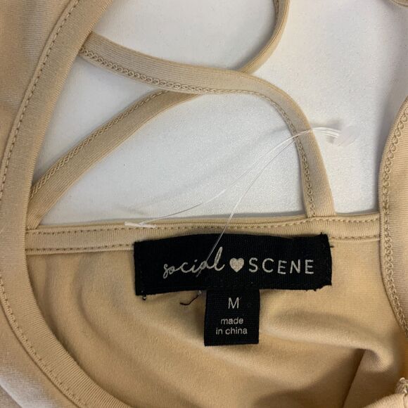 Social Scene Bodysuit Womens M Medium Champagne Tan Open Tie Back Snap Buttons - Picture 7 of 10
